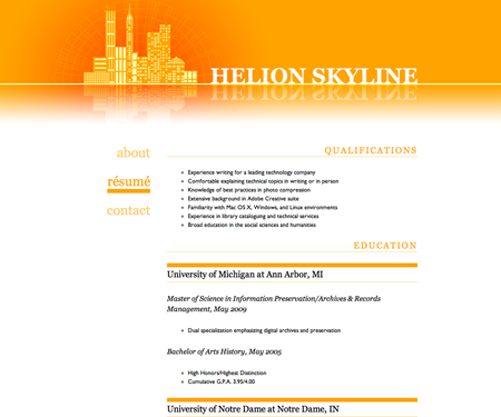 Screenshot of résumé page in Helion Skyline website template.