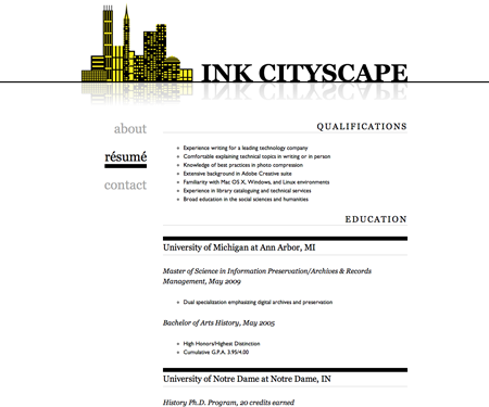 Screenshot of résumé page in Ink Cityscape website template.