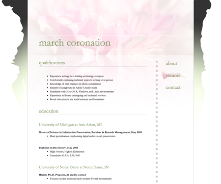 Screenshot of résumé page in March Coronation website template.